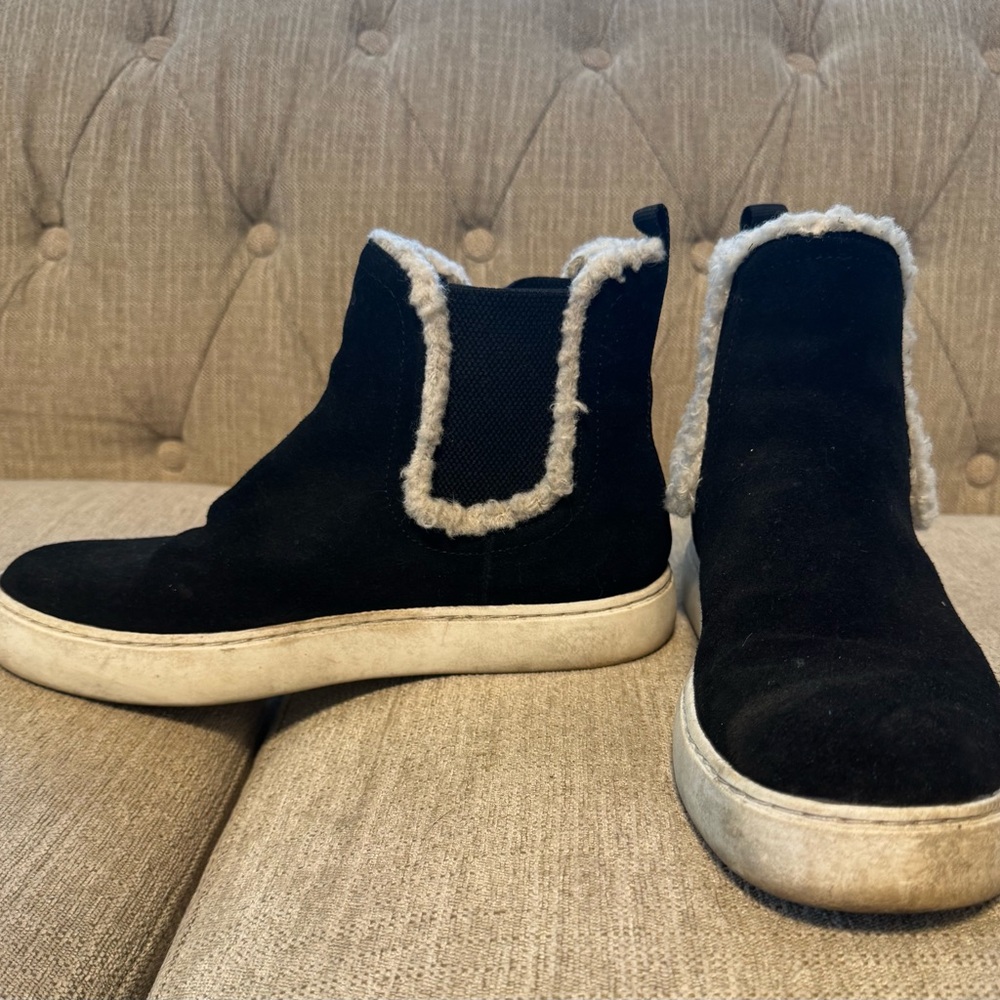 Lucky brand Black Suede Ankle Boots with White Trim.
